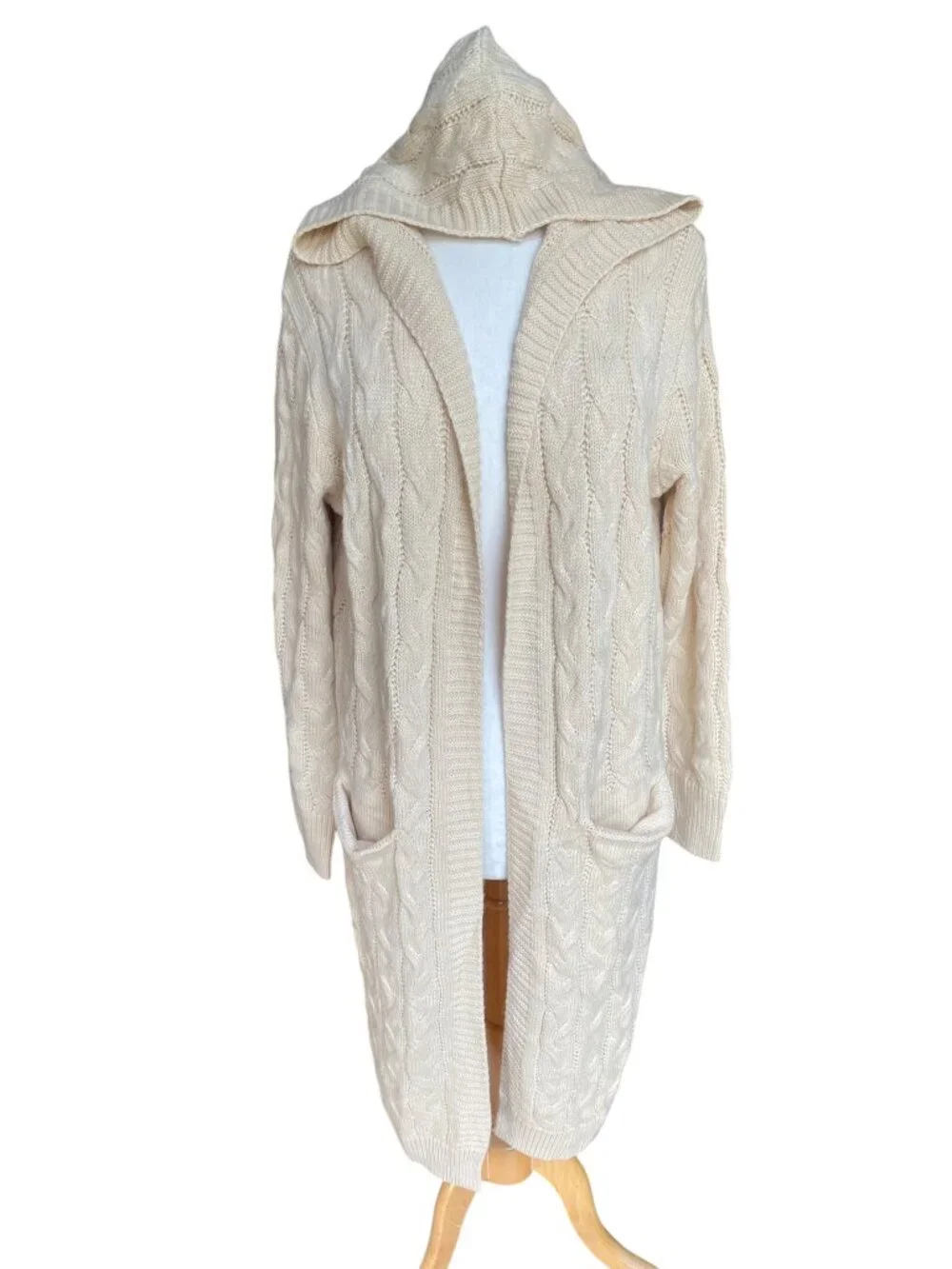 Cable Knit Long Hooded Open Cardigan Cream Duster Fisherman Cottage-XL